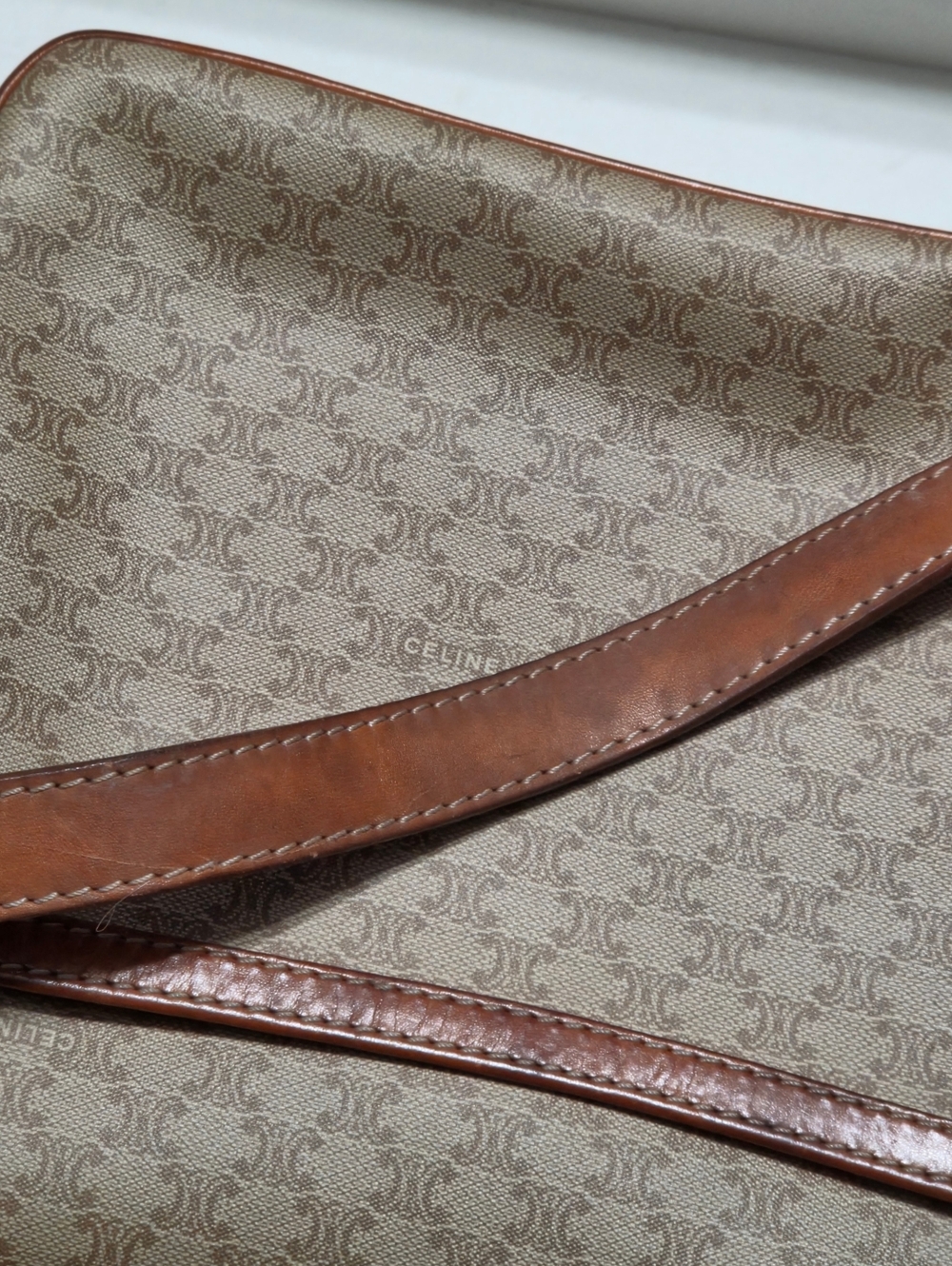 CELINE Macadam Brown Leather Trim Crossbody Shoulder Purse Bag PVC Canvas Beige - Picture 15 of 16